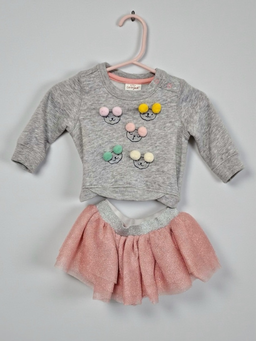 2pc Set - Gray Pom-Pom Sweater & Pink Tulle Skirt 0-3m